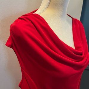 Women's RED sleeveless below knee dress with cowl neckline